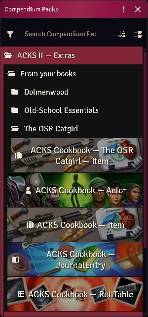 A player’s Compendium sidebar: the community book’s open Item shelf in its own folder, and none of the book’s Judge shelves.