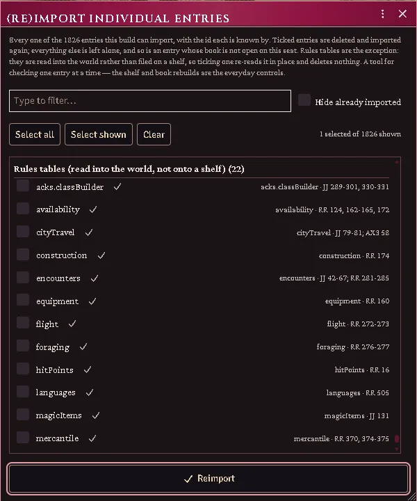 The entry picker’s rules tables: each document ticked as imported, its id and the pages it reads on the right.