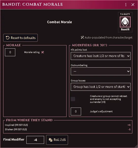 The Combat Morale page for a monster carrying two conditions: two modifiers chosen from the imported lists, each condition a row of its own beneath them, and the final modifier beside the roll.