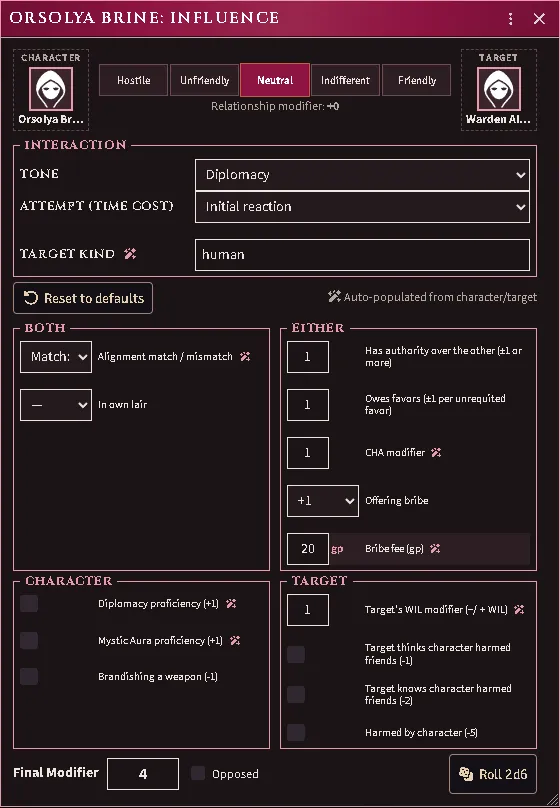A social roll with its modifier stack itemized — here with a bribe armed and its fee typed, which only moves gold the payer actually has.