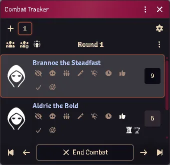 The tracker on the first combatant’s turn: the second was marked Defending and Readied during it, and carries both icons. Readied goes when its own turn begins; the defence stays until the first combatant acts again.