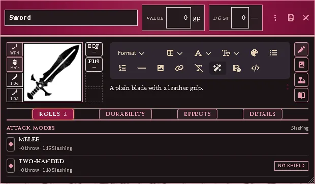 The same sheet with the pencil pressed: the description editor open beside the art, its toolbar wrapped onto a second row above the text.