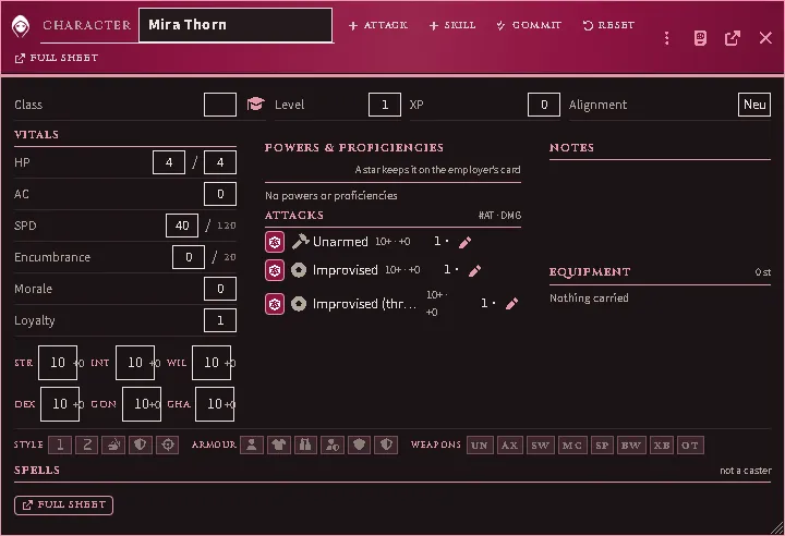 A follower’s own card: the band and its tools in the header, then vitals and scores, powers, throws and attacks, notes and what is carried.