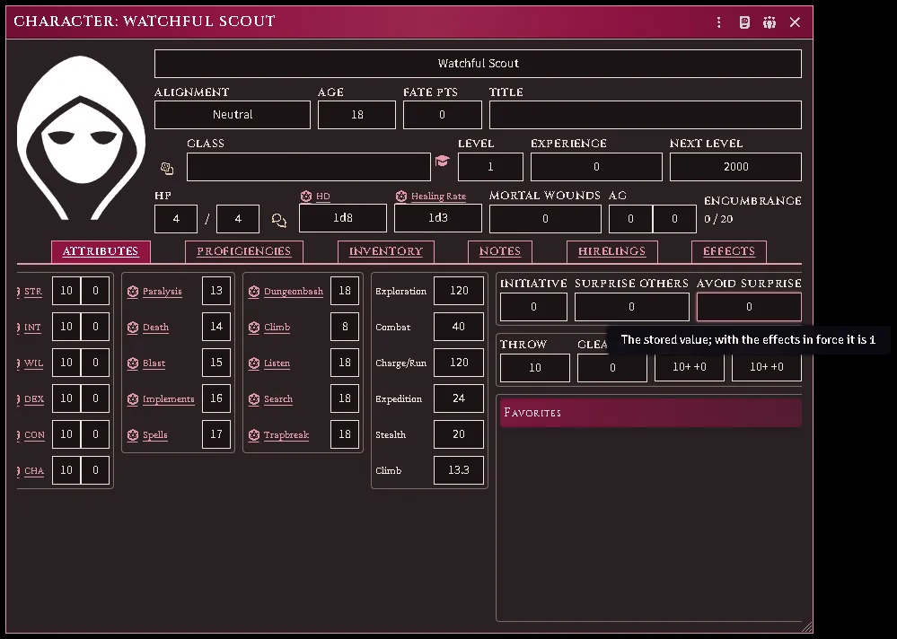 The system’s own character sheet, with an effect on Avoid Surprise: the field holds the stored figure, underlined, and pointing at it gives the figure in force.