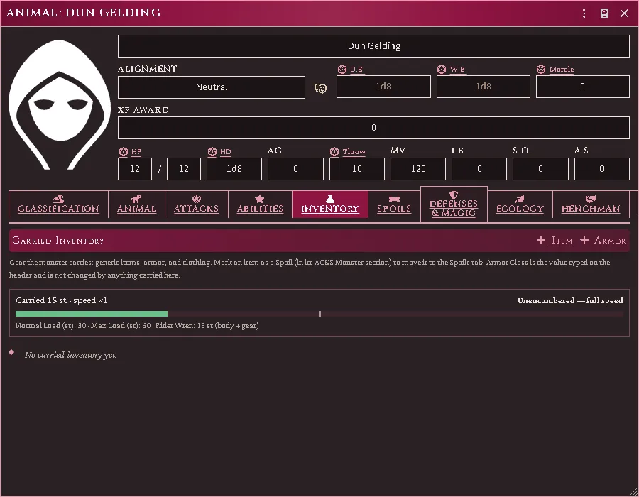 A mount ridden by an unlinked token: its Inventory counts the rider at body plus gear against the load the animal can bear.