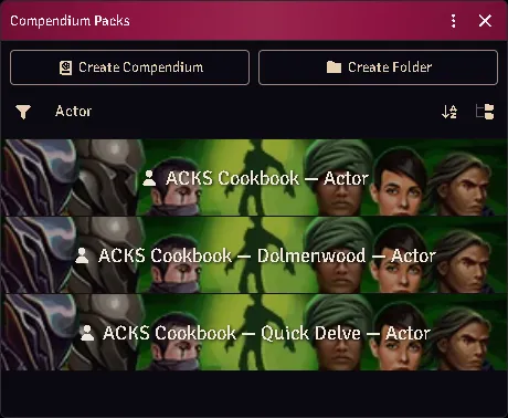 Where everything lands: a set of compendiums per SERIES, so another game’s creatures never share a shelf with the ACKS ones.