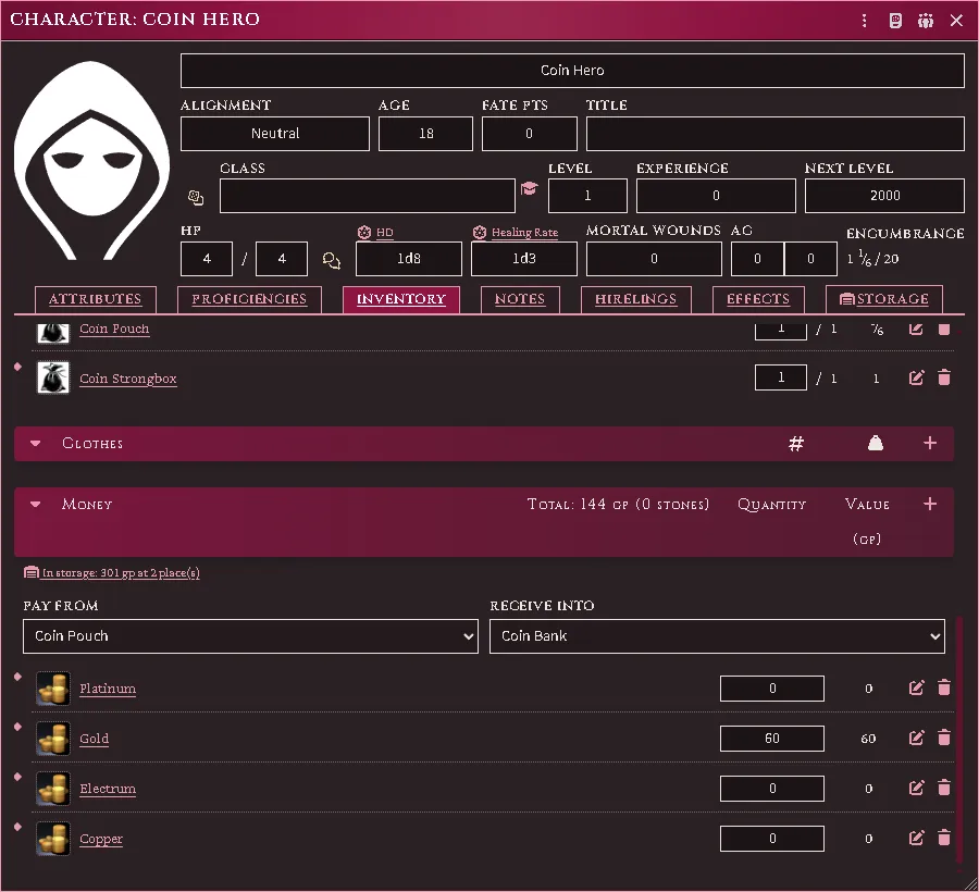 The system sheet’s Inventory tab: the coin kept elsewhere totalled under the Money header, and the two choices above the coin rows.