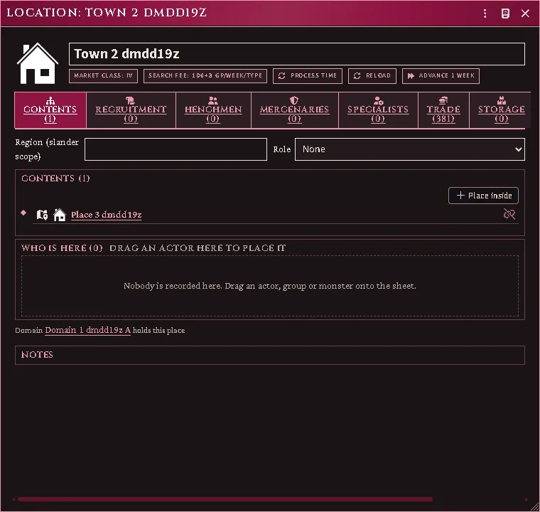 A town a domain holds, naming the domain on its Contents tab.