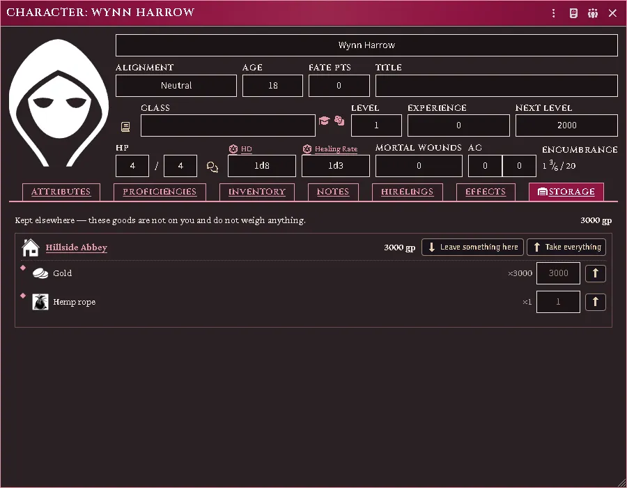 A player’s seat, on the Storage tab of the system’s character sheet: coin and a rope kept at a place the Judge runs, with the controls to leave more and to take it back.