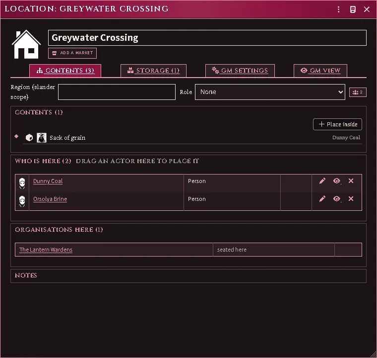 A place's Contents tab: a sack of grain filed under the porter who carried it in, the two people recorded as being there, and the organisation seated here