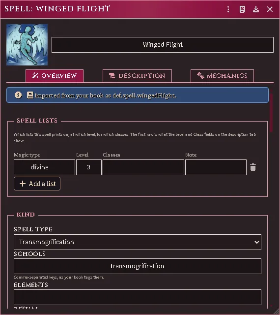 An imported spell on the Overview tab.