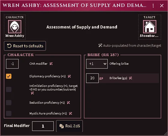 The influence page opened against a market for the assessment day's throw: the trader's Charisma and tone proficiencies on the left, one ticked from the sheet, the bribe tier and its typed fee on the right, and the final modifier the secret 2d6 will carry
