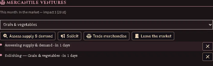 A party in the market: the status line with its impact and declared cargo, the day buttons with Leave the market beside them, and two queued days each carrying its withdraw button