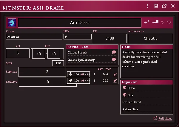 What a monster opens on: attacks, powers and spells on one page.