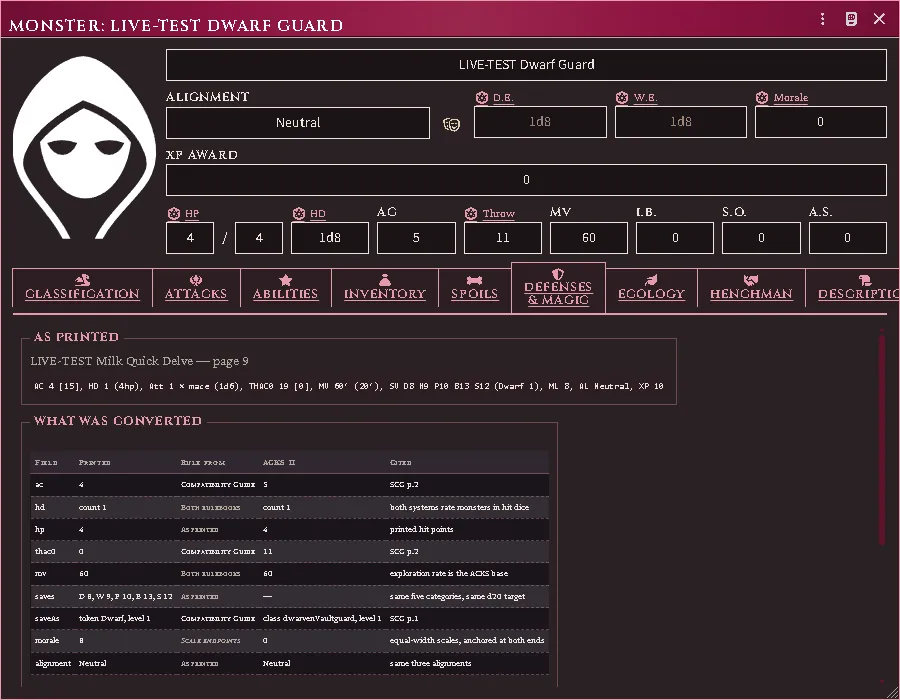 The Source tab on an imported creature