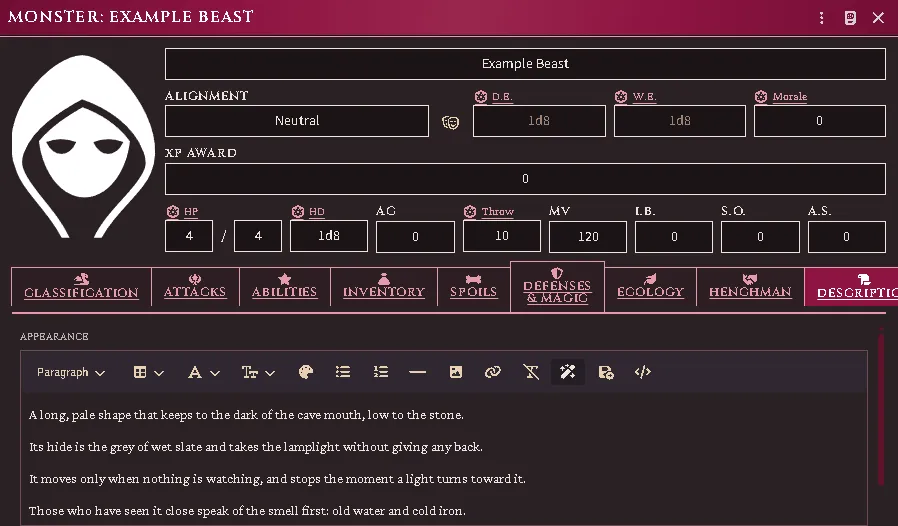 The Description tab’s Appearance open for editing: the toolbar above, and the text below it in full.
