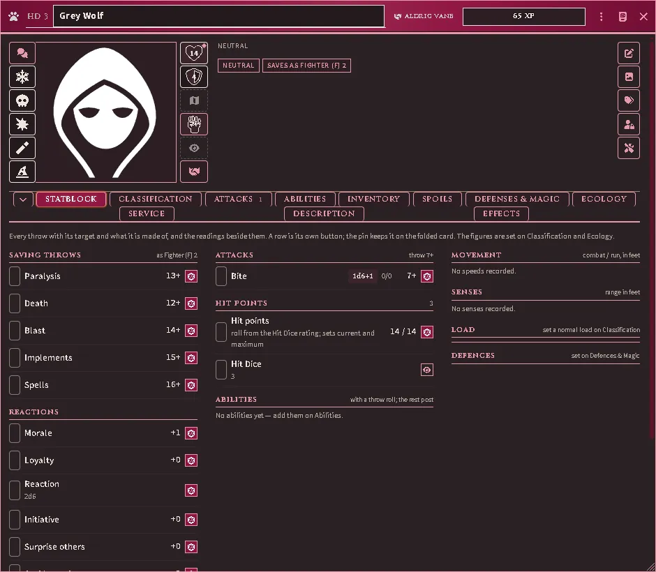 The full sheet on the shared frame: the band, the rails, and the Statblock tab of a creature in service — every throw a row with its pin.