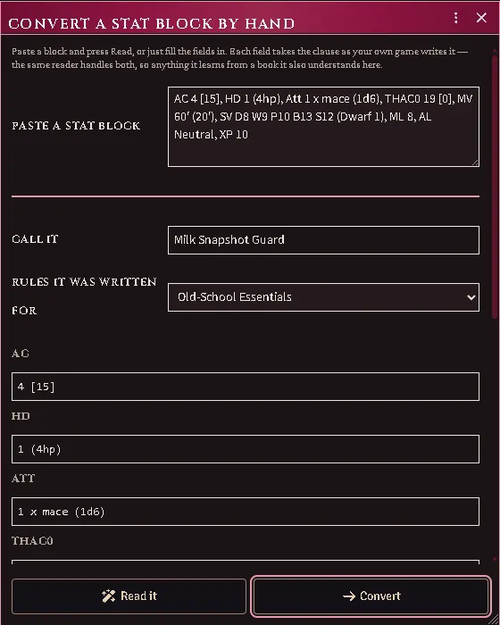 Paste a stat block and it fills the fields; correct anything the reader got wrong before converting.